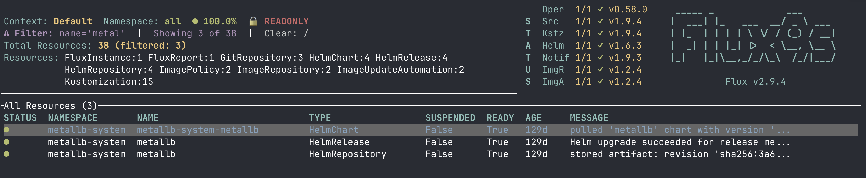 Filtering the resource list with / - a name filter narrows 24 resources down to the three MetalLB objects
